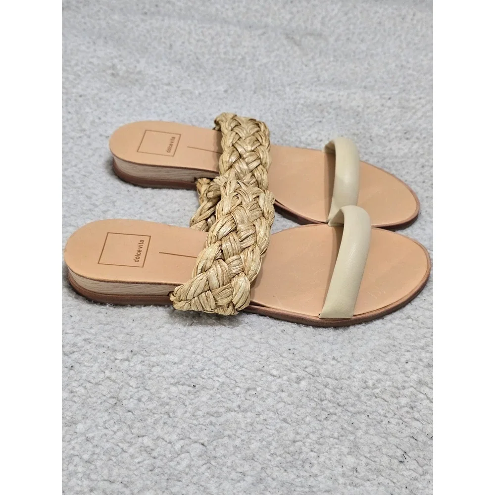 Dolce Vita Womens Sz 8 Braided Raffia Slide Sandals Cream Tan Flat Summer Shoes
